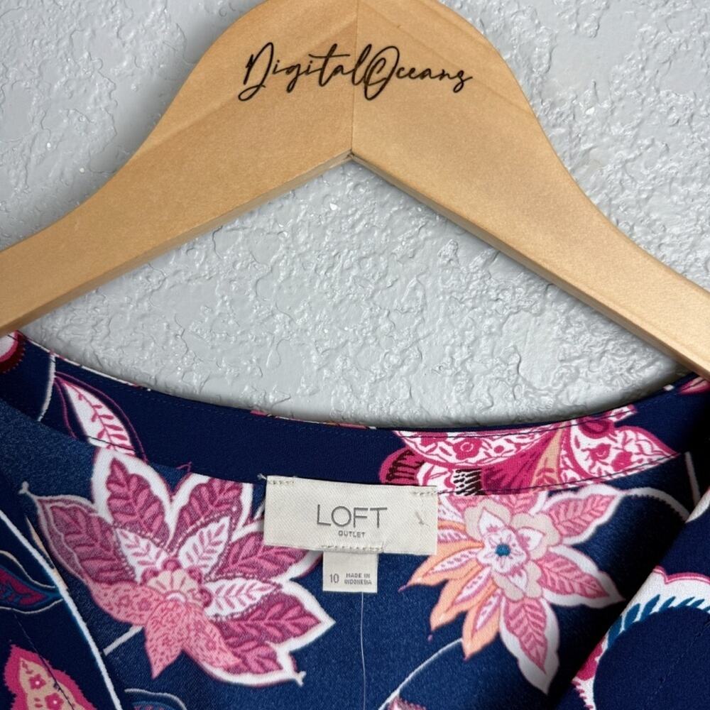 Loft NWT Floral Tie Waist Dress Navy Blue & Pink 10 Spring Romantic Button Front - Picture 11 of 13